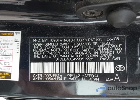 2009 Toyota Corolla Le from USA, damaged, VIN JTDBL40E499061928